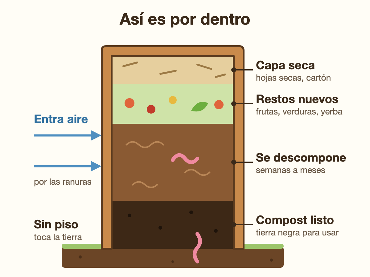 Corte de la compostera por dentro: de arriba hacia abajo, capa seca, restos nuevos, zona que se descompone y compost listo, sin piso, tocando la tierra