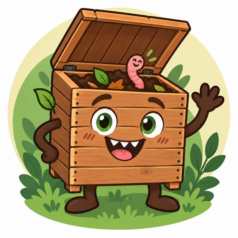 Monstruita: una compostera de madera con cara sonriente, saludando con la mano, con una lombriz asomando entre la tierra